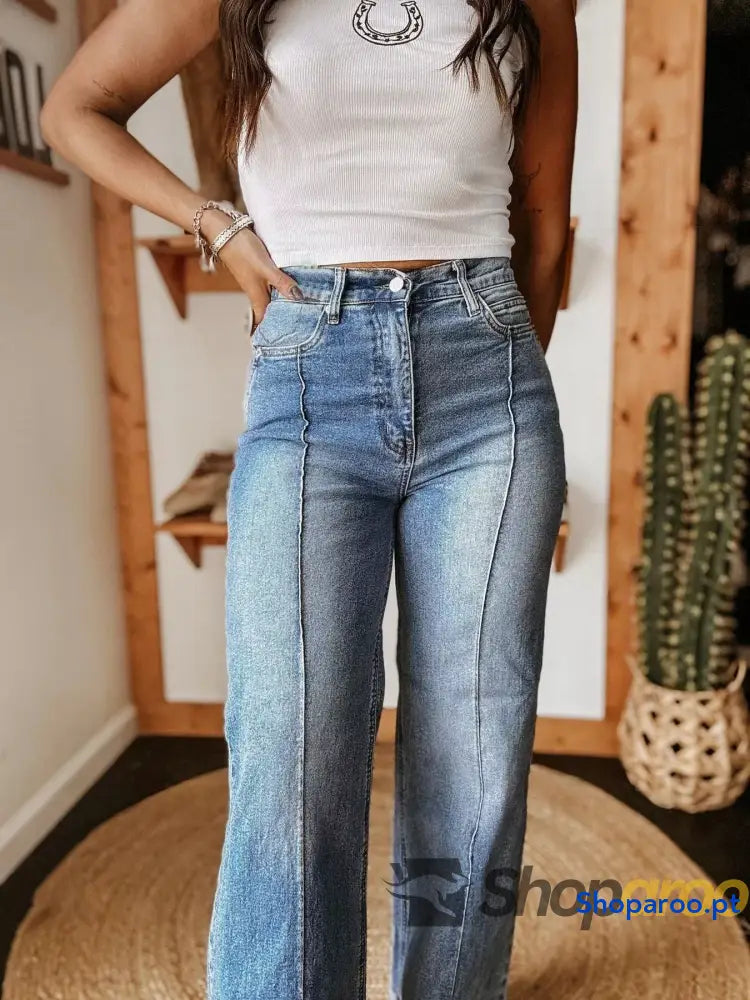 High-Waisted Wide Leg Cuffed Jeans