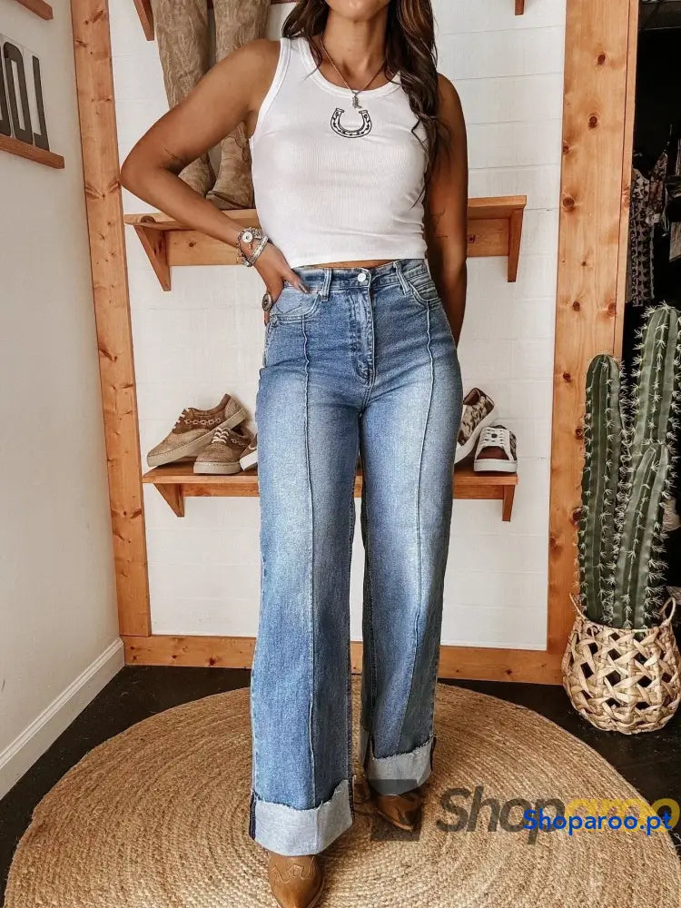 High-Waisted Wide Leg Cuffed Jeans