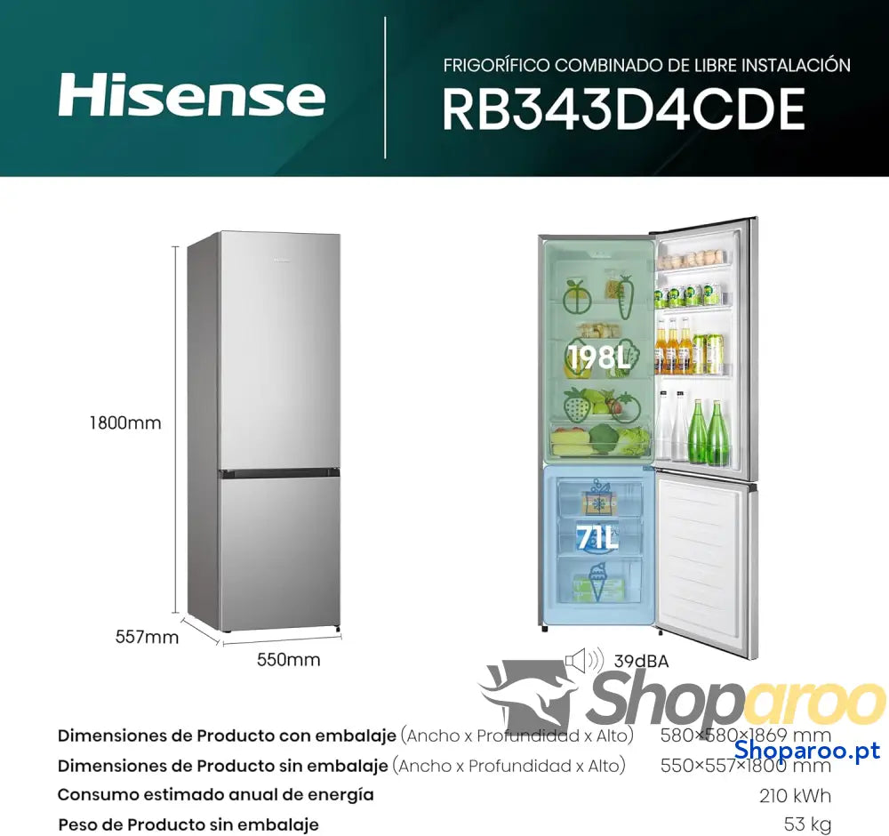 Hisense RB343D4CDE Frigorífico combinado cíclico 269 l classe E largura 55 cm x altura 180 porta reversível abertura