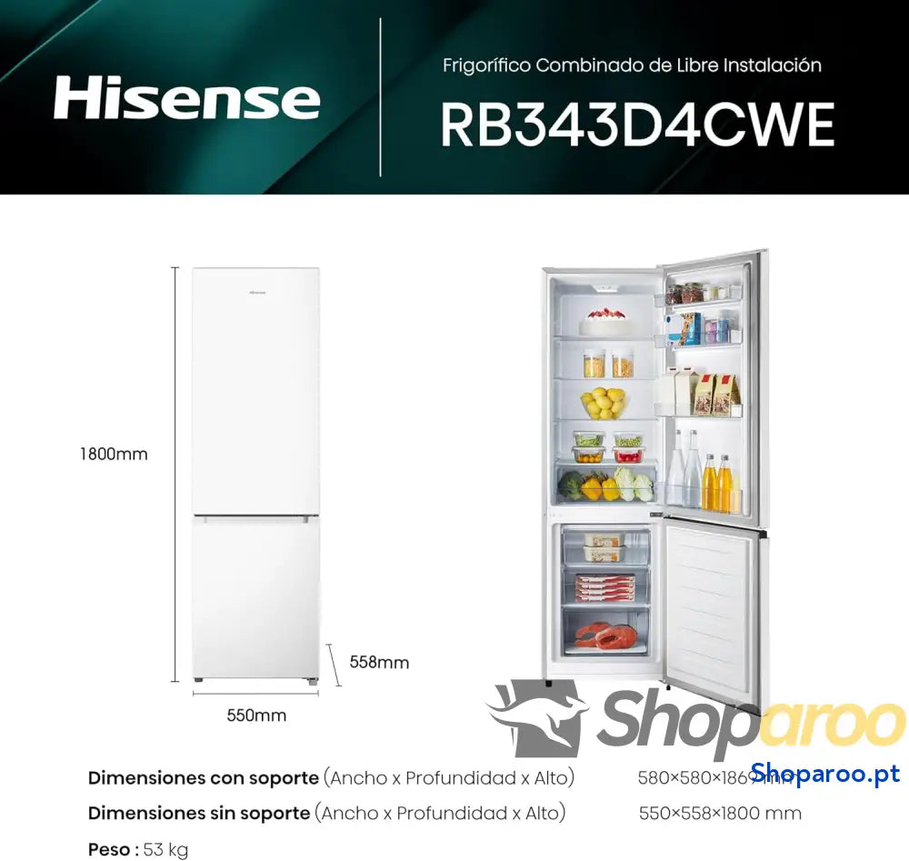Hisense RB343D4CWE Frigoríficos Combi 269 L classe E 55 cm x 180 abertura de portas 90º porta reversível gavetas frutas