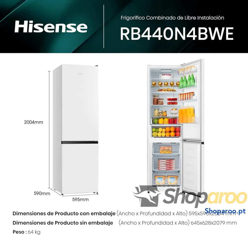 Hisense RB440N4BWE Frigorífico Combinado classe E eficiente capacidade de 336 l com 200 cm altura super freeze