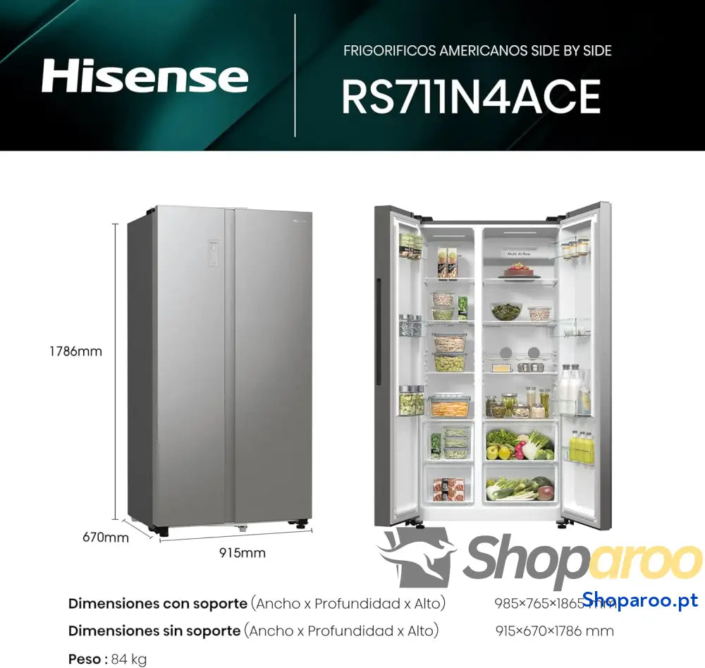 Hisense RS711N4ACE Frigorífico Side by capacidade 547 l com 178,6 cm de altura sem rost super frio alarme porta aberta