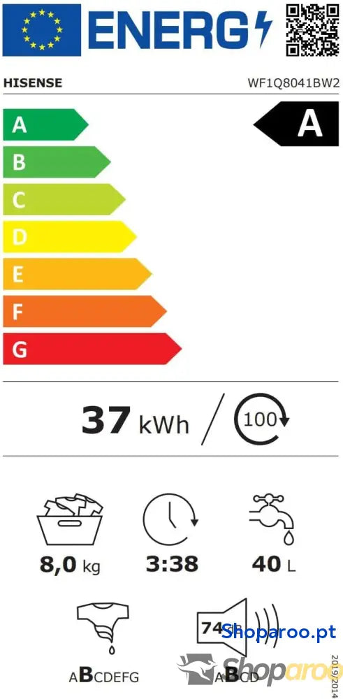Hisense WF1Q8041BW2 Máquina de lavar roupa classe A 8 kg 1400 rpm altura 85 cm x largura 60 branco função vapor 99,9%