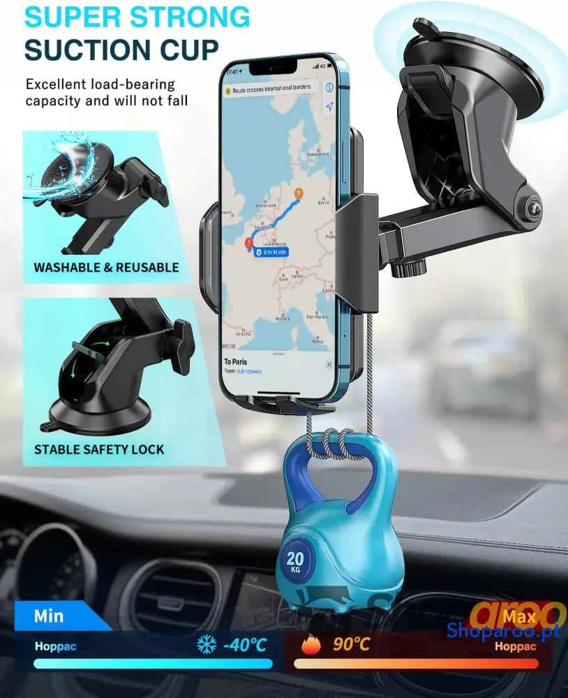 Hoppac Suporte móvel para carro suporte telemóvel e brisas rotação de 360 graus libertação um botão 4 7 polegadas