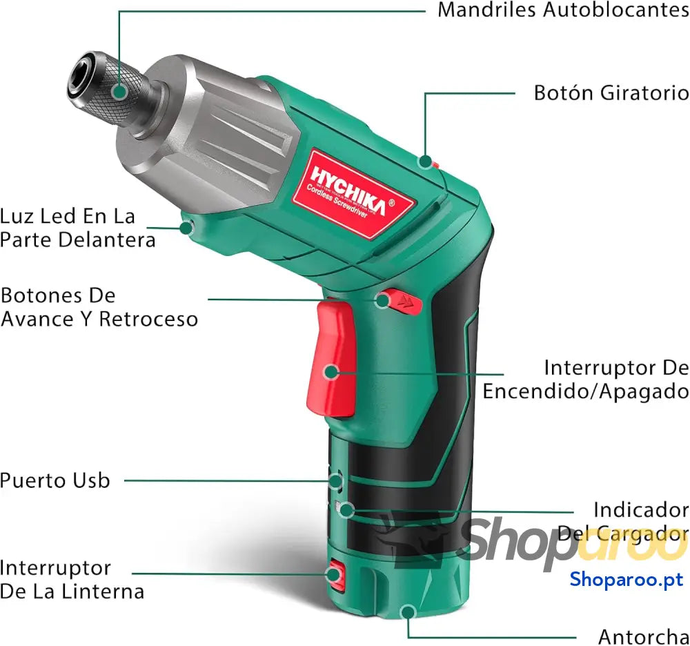HYCHIKA Aparafusador elétrico de 6 N.m. chave fendas sem fios (máximo torque N.m 3,6 V 2,0 Ah) lanterna luz LED dentada