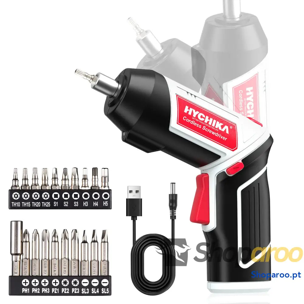 HYCHIKA Aparafusador elétrico de 6 N.m. chave fendas sem fios (máximo torque N.m 3,6 V 2,0 Ah) lanterna luz LED dentada
