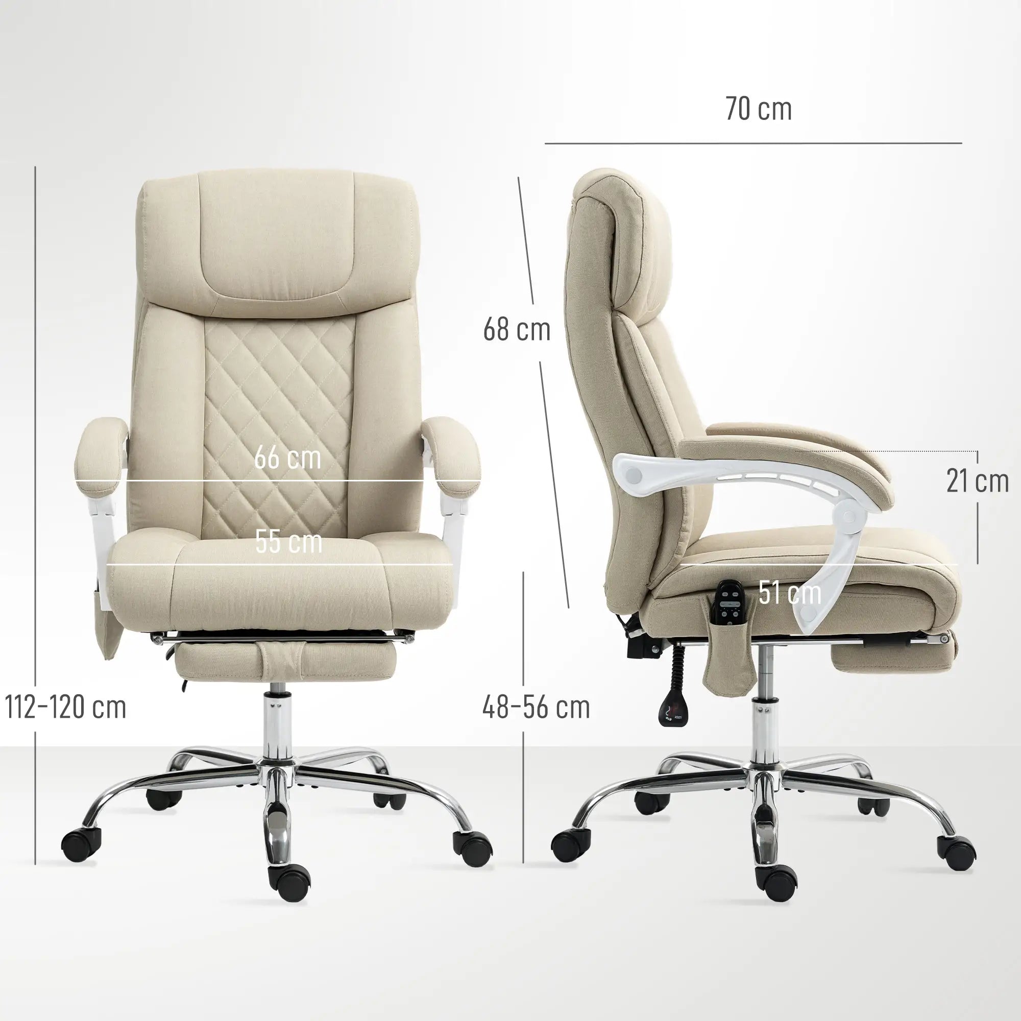 Cadeira de Escritório com Massagem Reclinável Aquecimento Apoio para Pés e Controlo Remoto 66x70x112-120 cm Bege
