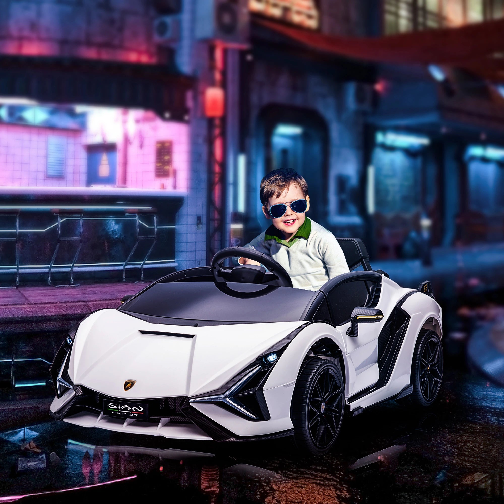 Carro Elétrico Lamborghini SIAN 12V com Controle Remoto Abertura da Porta Música MP3 USB e Faróis 108x62x40 cm Branco
