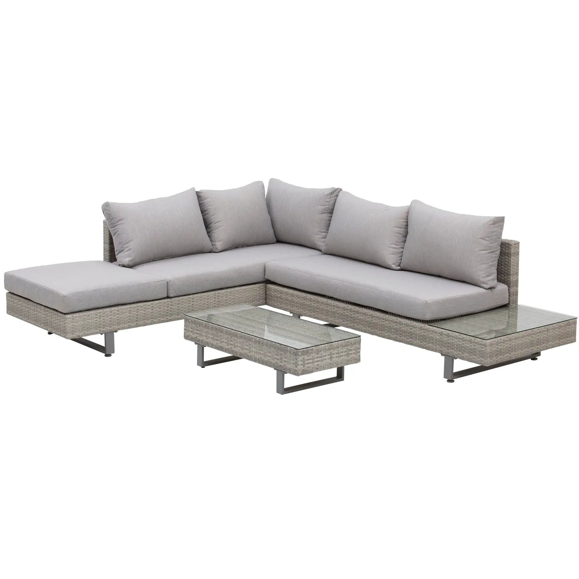 Conjunto de Móveis de Vime 3 Peças Mesa de Centro Sofá Duplo e Sofá de 3 Lugares para Terraço Jardim Pátio Cinza
