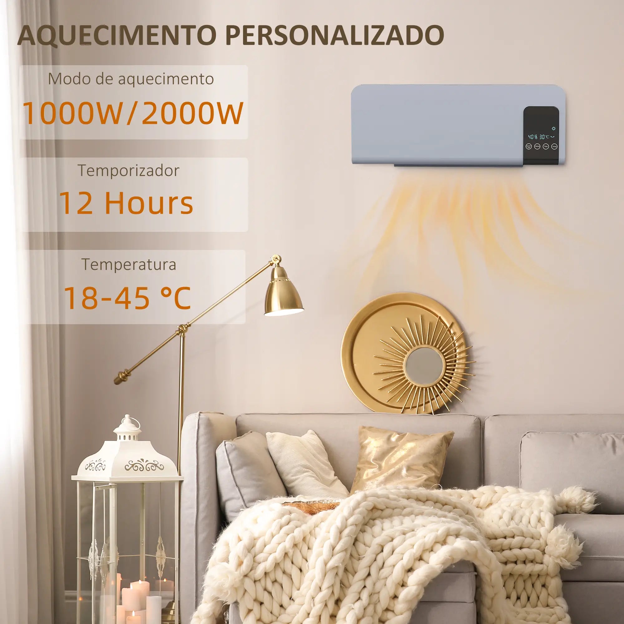 Aquecedor Elétrico de Parede 1000W/2000W com Ecrã LED Controlo Remoto Termostato Temporizador para Áreas de 15-20 m² 54,5x12x21,5 cm Cinzento