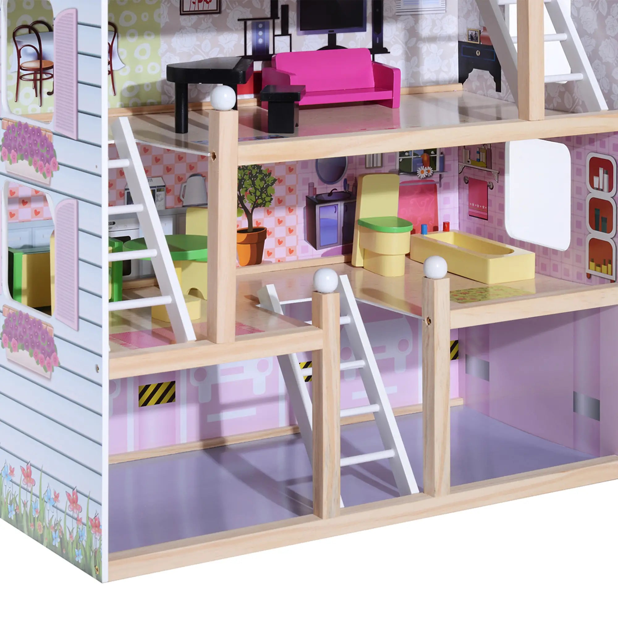Casa de Bonecas com Móveis 4 Andares e 13 Acessórios Rosa