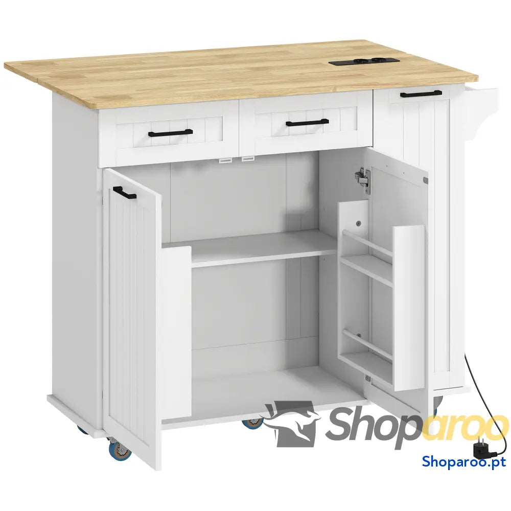 Ilha de Cozinha com Rodas Carrinho Tomada USB Bancada Rebatível 2 Gavetas 119,5x74x94,5 cm Branco