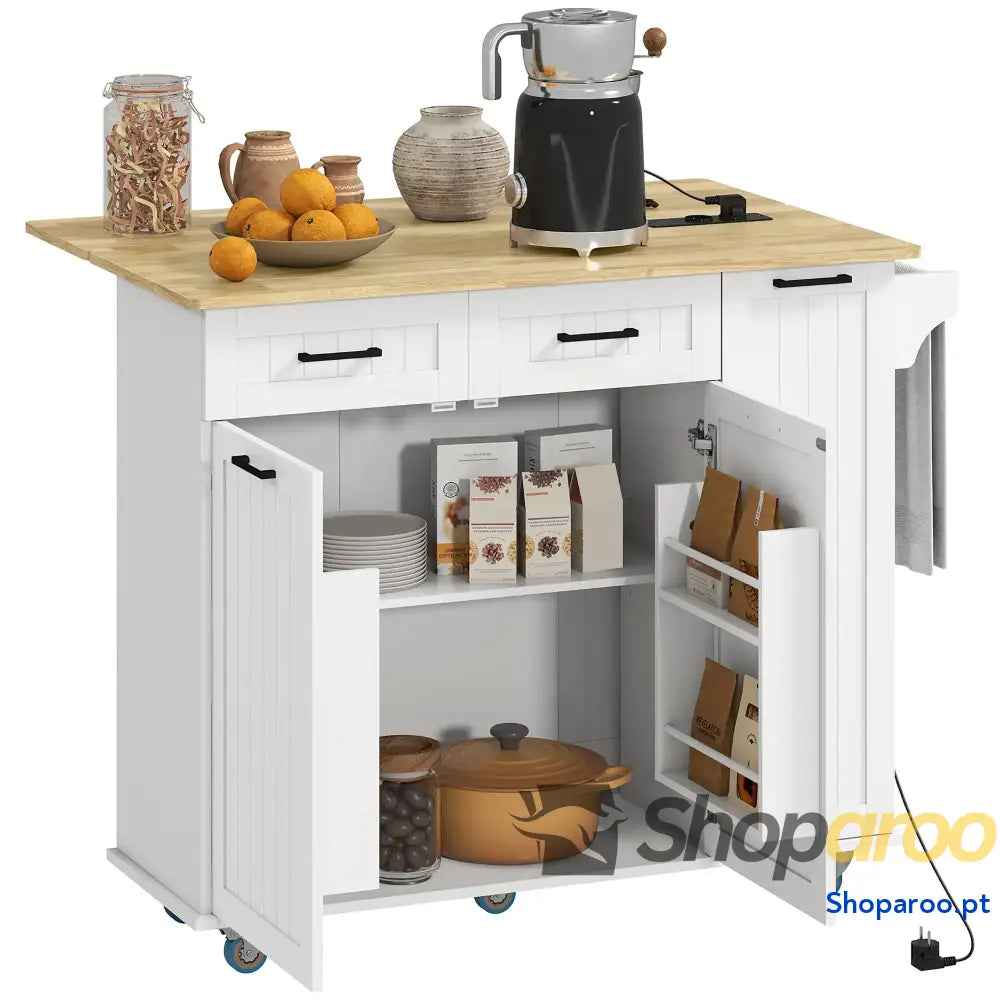 Ilha de Cozinha com Rodas Carrinho Tomada USB Bancada Rebatível 2 Gavetas 119,5x74x94,5 cm Branco