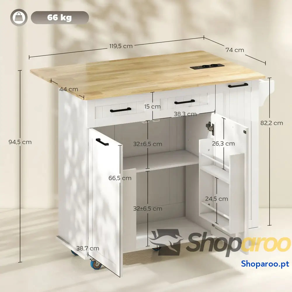 Ilha de Cozinha com Rodas Carrinho Tomada USB Bancada Rebatível 2 Gavetas 119,5x74x94,5 cm Branco