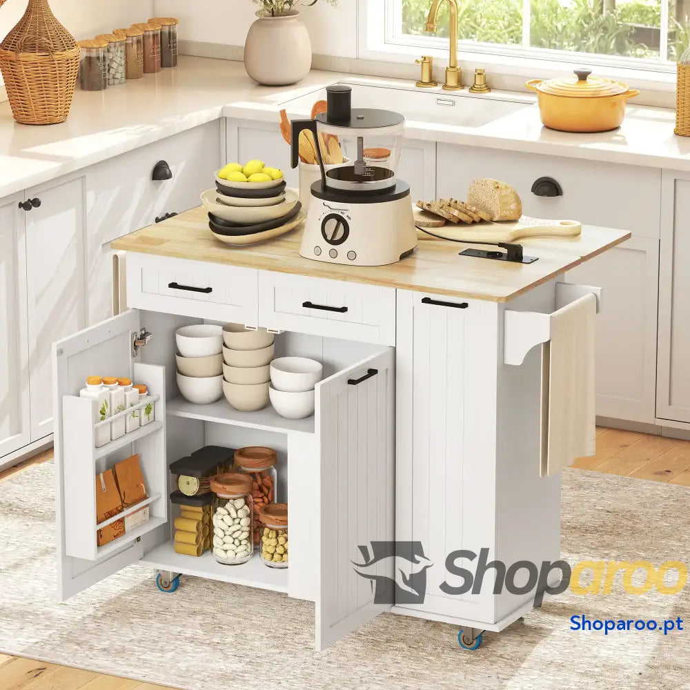Ilha de Cozinha com Rodas Carrinho Tomada USB Bancada Rebatível 2 Gavetas 119,5x74x94,5 cm Branco