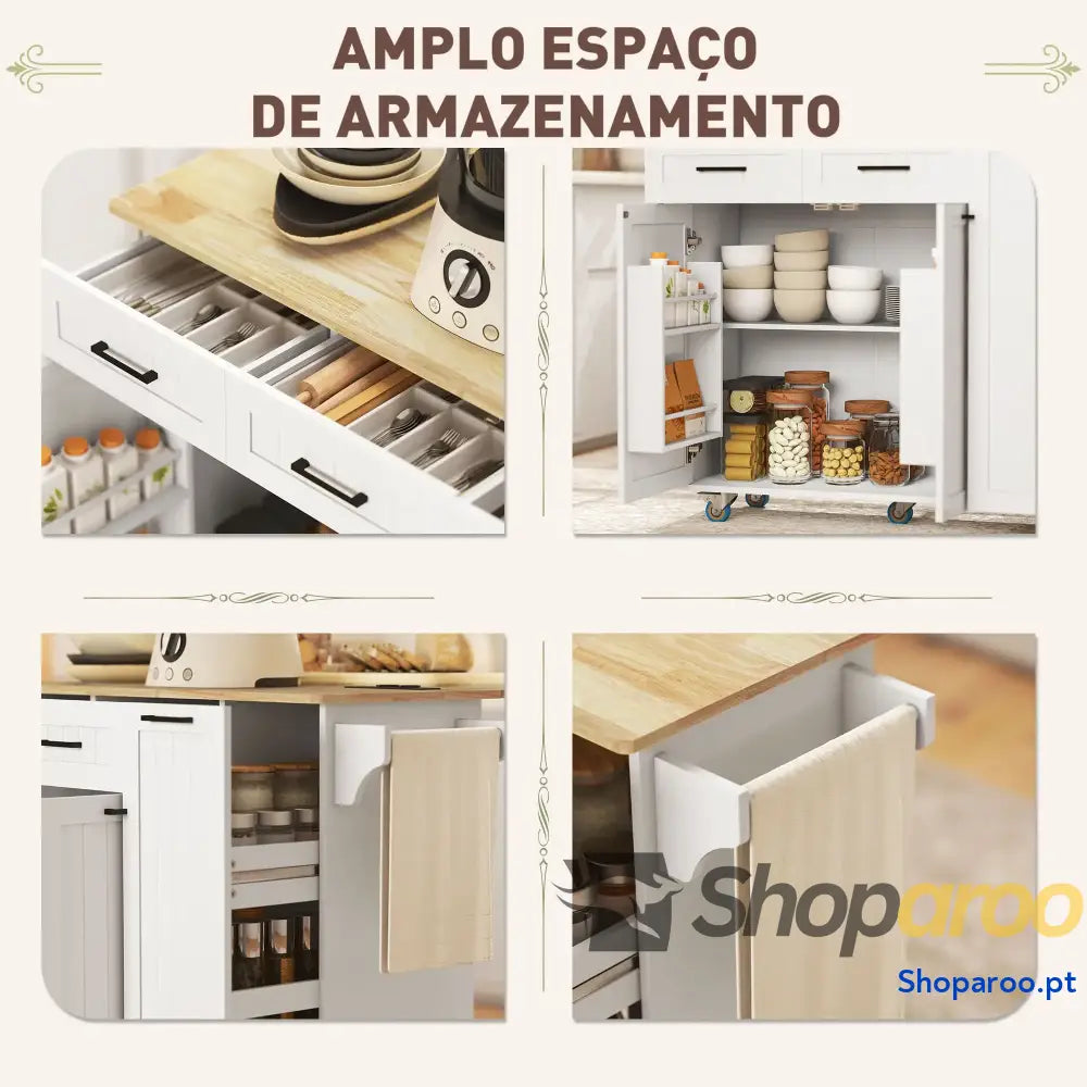 Ilha de Cozinha com Rodas Carrinho Tomada USB Bancada Rebatível 2 Gavetas 119,5x74x94,5 cm Branco