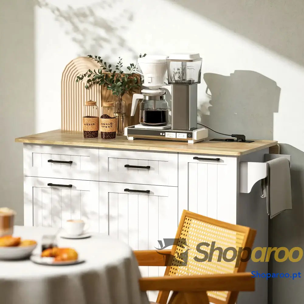 Ilha de Cozinha com Rodas Carrinho Tomada USB Bancada Rebatível 2 Gavetas 119,5x74x94,5 cm Branco