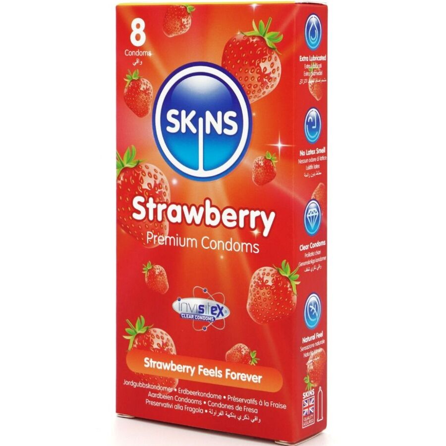 PRESERVATIVOS PREMIUM DE MORANGO - PACOTE COM 8