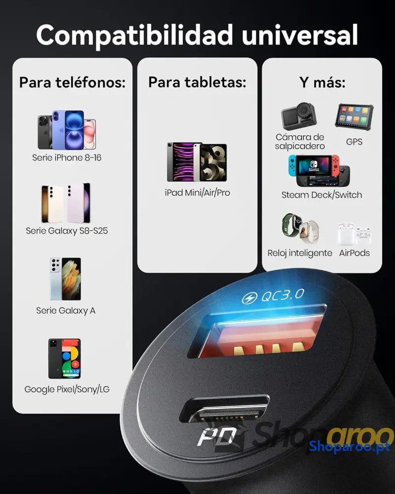 INIU Carregador de carro com carregamento rápido 60 W total [USB C 30 + USB A W] PD & QC3.0 Car Charger + [1 m] Cabo