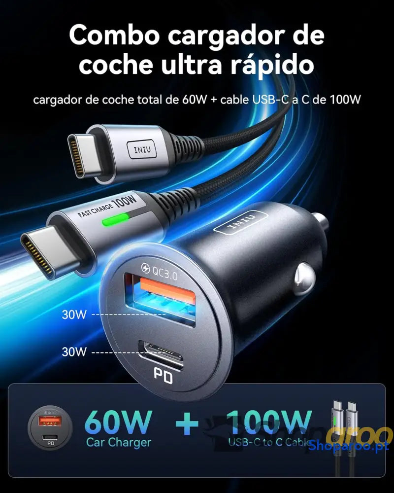 INIU Carregador de carro com carregamento rápido 60 W total [USB C 30 + USB A W] PD & QC3.0 Car Charger + [1 m] Cabo