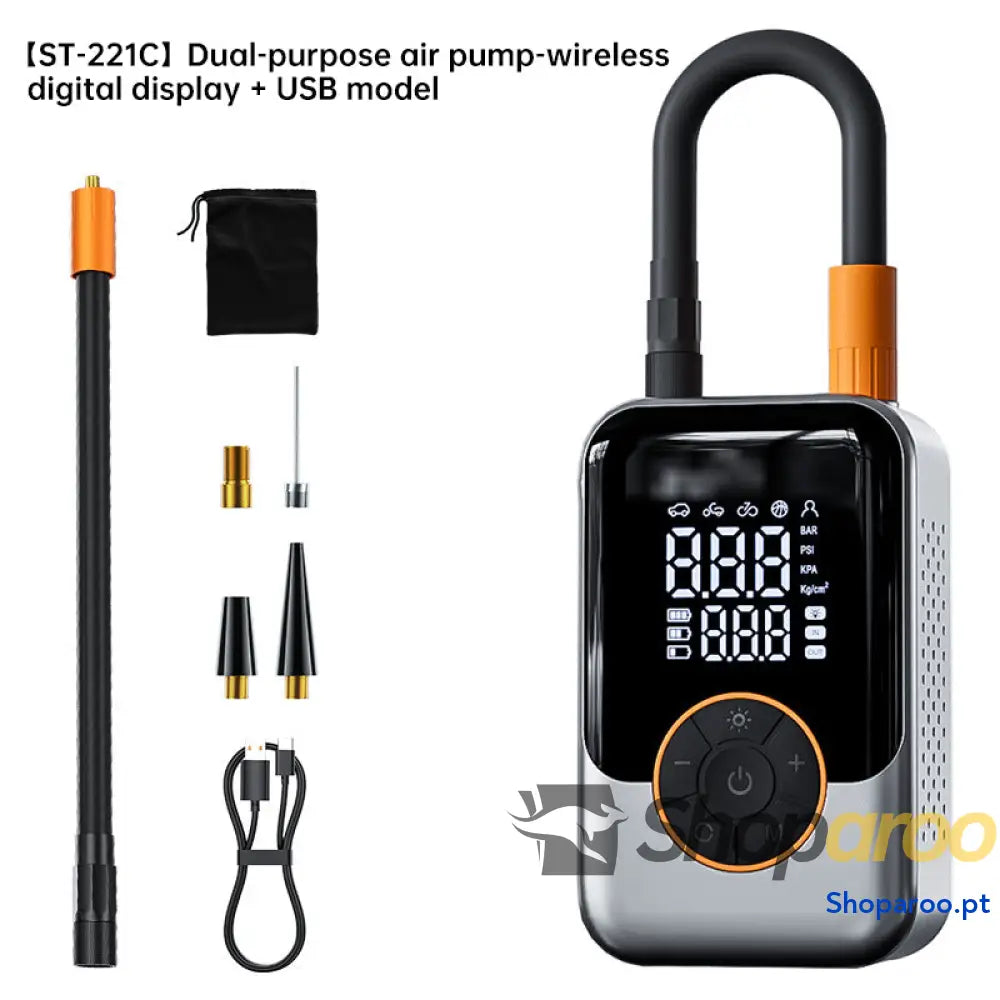 Insuflador sem fios portátil para pneus e bolas Dual Purpose Air Pump Wireless with Digital Display + USB
