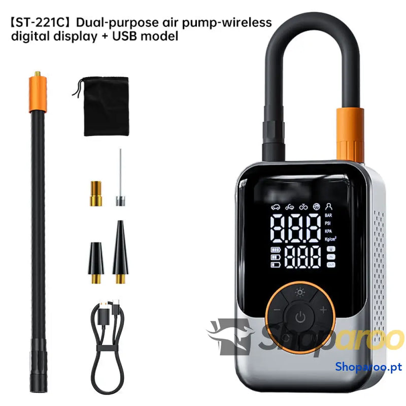 Insuflador sem fios portátil para pneus e bolas Dual Purpose Air Pump Wireless with Digital Display + USB