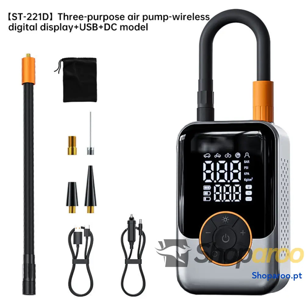 Insuflador sem fios portátil para pneus e bolas Triple Purpose Air Pump Wireless with Digital Display + USB + DC