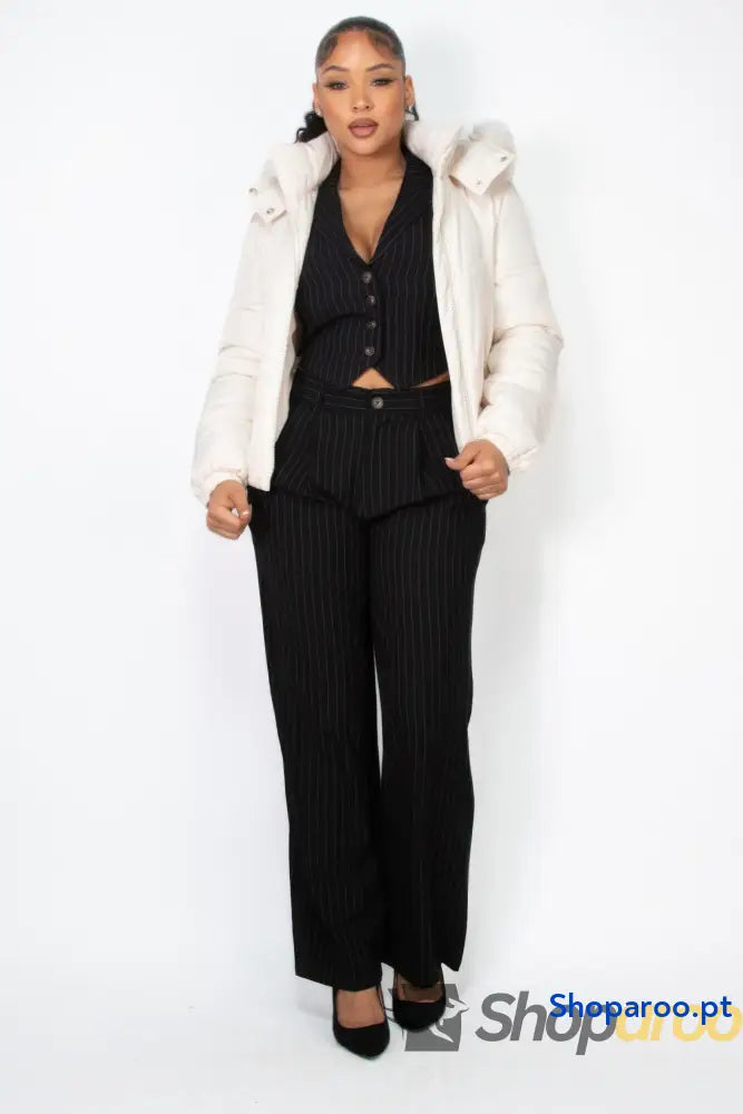 Casaco com Capuz em Pele Sintética Marfim Estilo Urbano