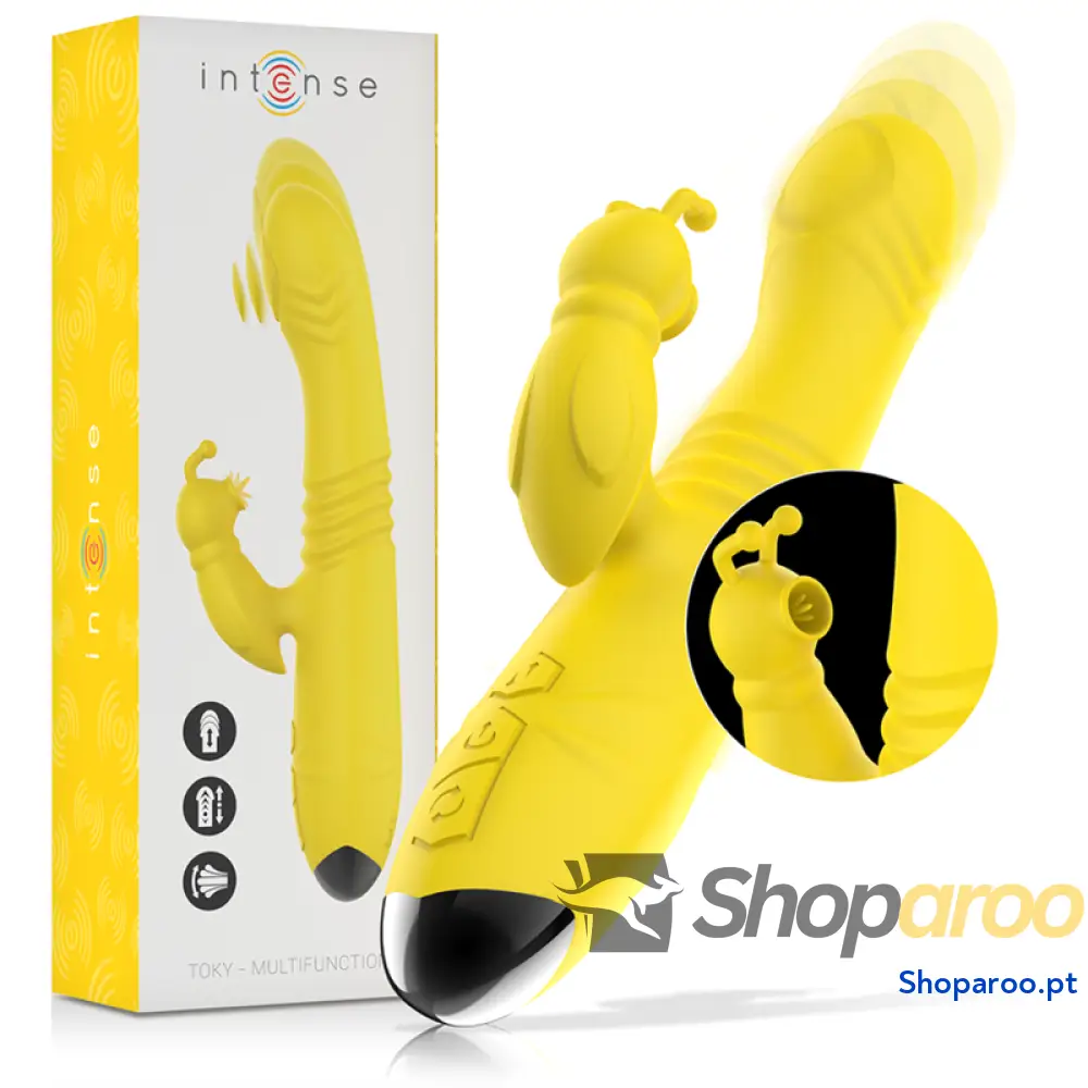 INTENSE - VIBRADOR MULTIFUNO TOKY PARA CIMA E PARA BAIXO COM ESTIMULADOR CLITÓRICO AMARELO