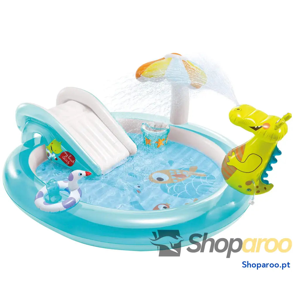 INTEX 57166 Piscina infantil insuflável com dispersor de água e escorrega dinossauro centro jogos para crianças