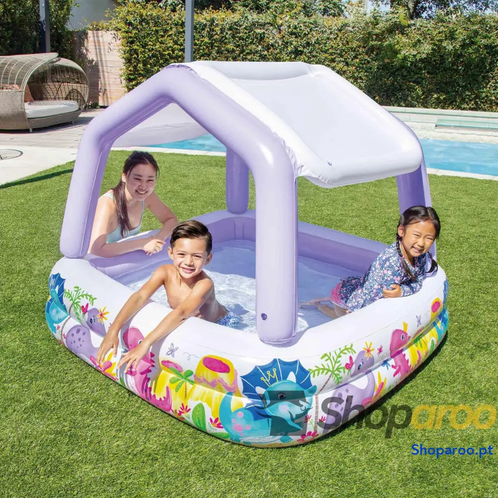 Intex Piscina insuflável para crianças 157 x 122 cm 295 litros com toldo removível design aquático tampa de ralo uso