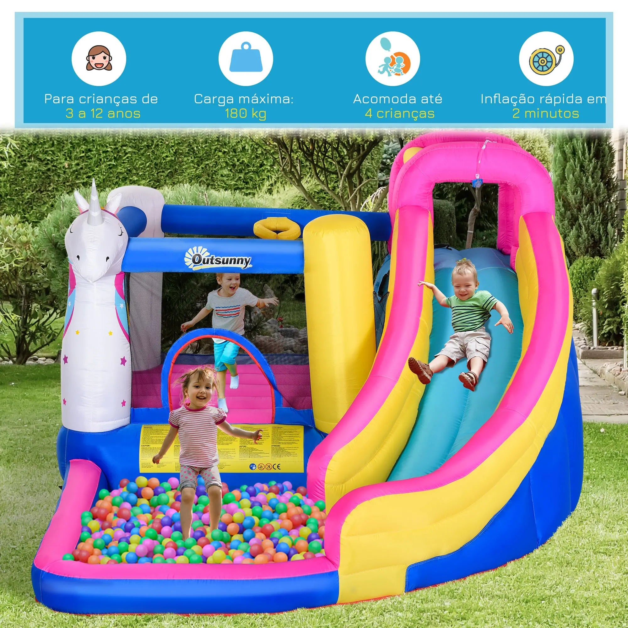 Castelo insuflável infantil com piscina e escorregador para crianças