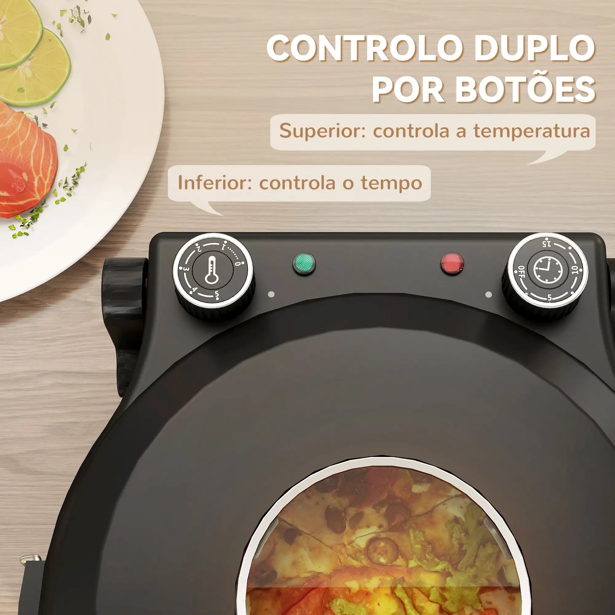 Forno para Pizza 1200W Forno Pizza Eléctrico com Temporizador 15 min Temperatura até 430℃ 34,5x35x16,5 cm Preto