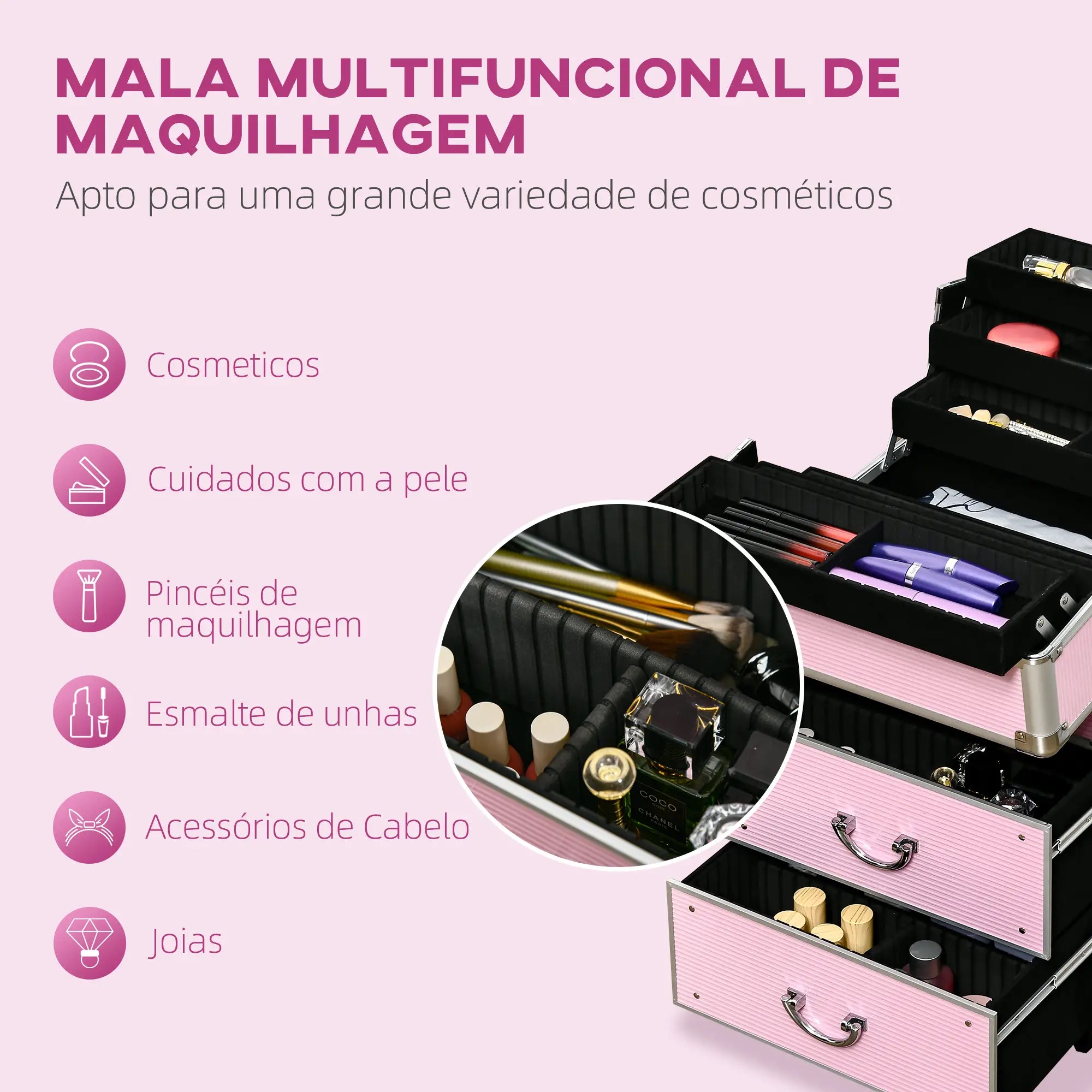 Mala de Maquilhagem Professional com Rodas e 6 Gavetas Preta