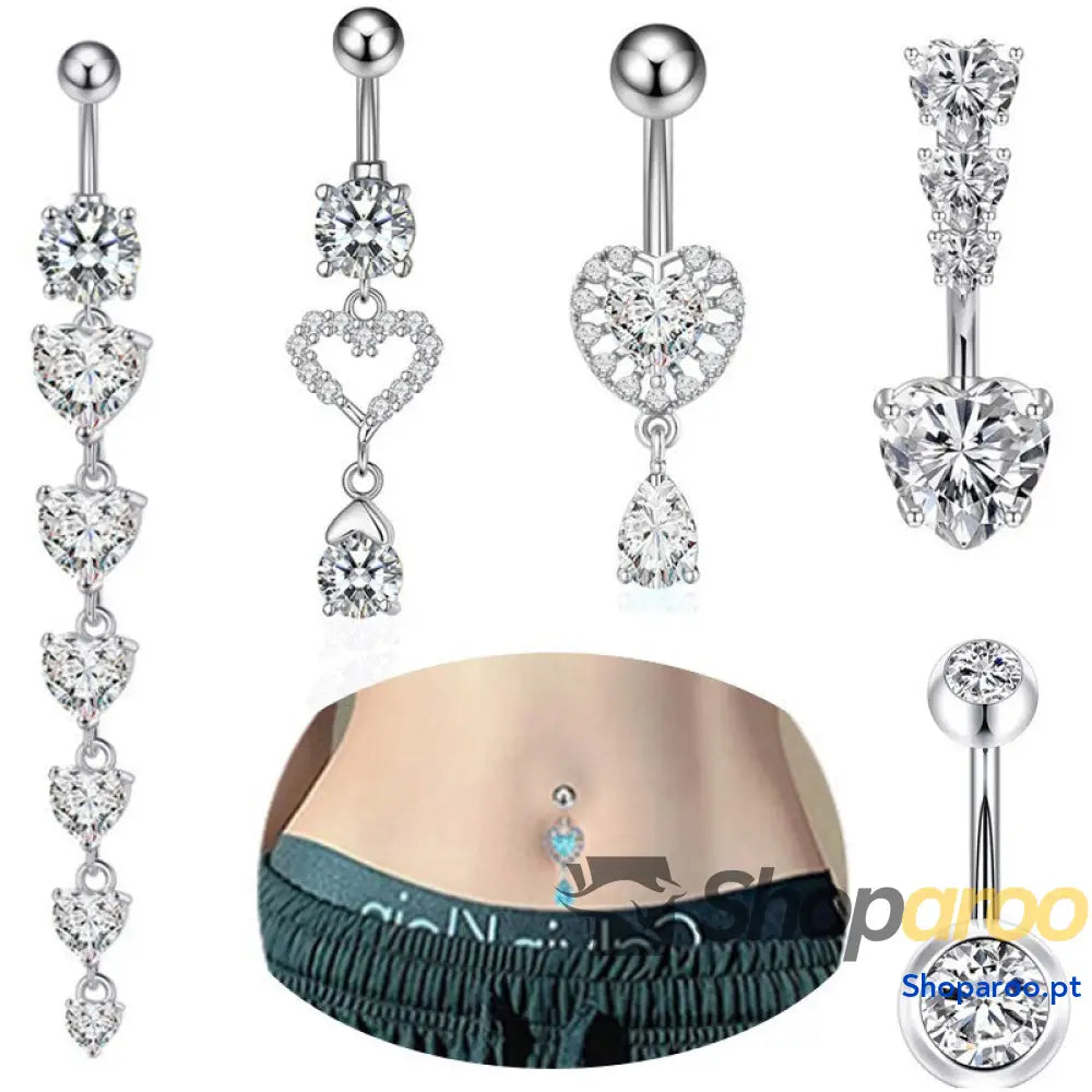 Joalharia de Barriga Coração Pêssego em Ouro 18K (Banhado) com Pedras Preciosas