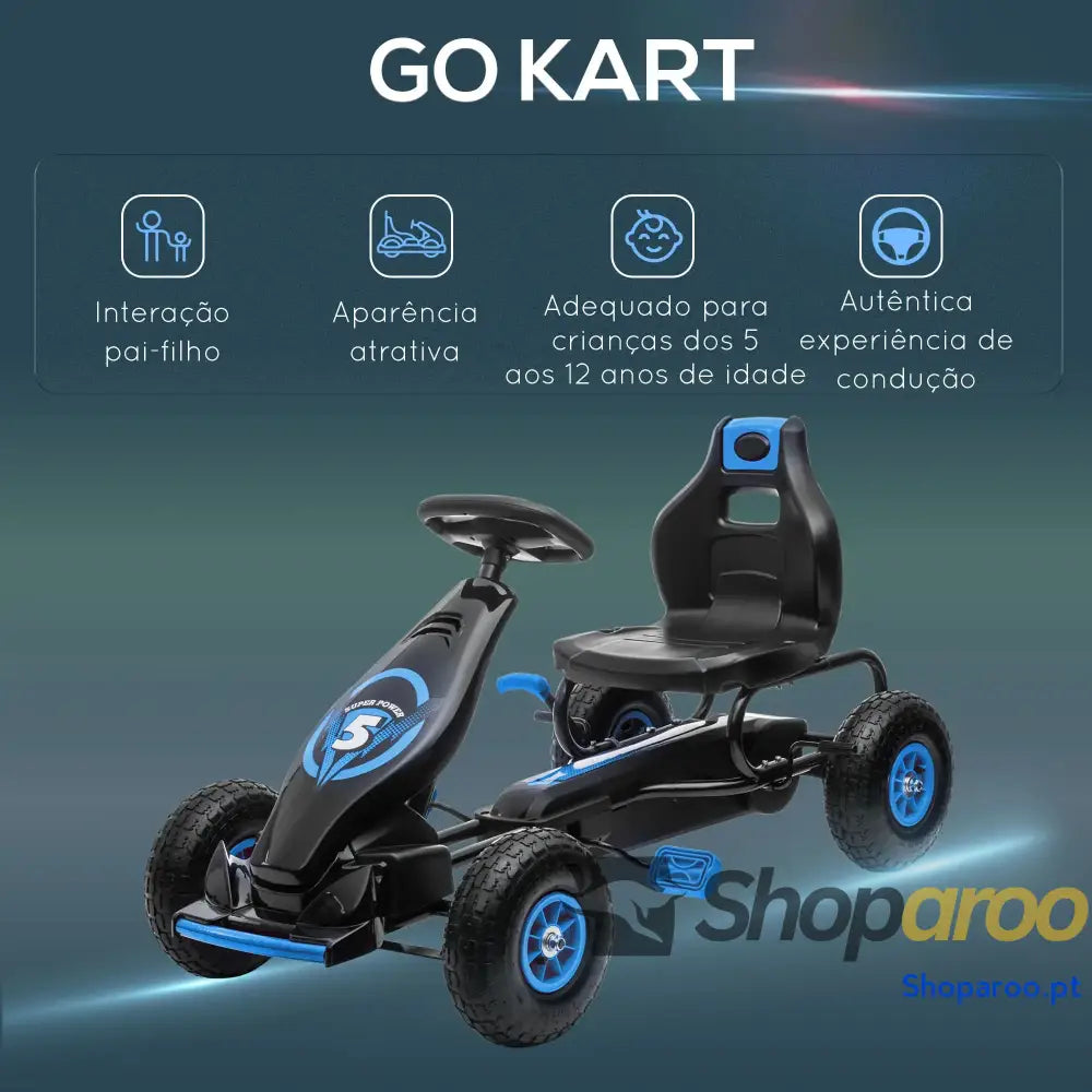 Kart a Pedais para Crianças 5 12 Anos com Assento Ajustável Pneus Insufláveis Amortecimento e Travão de Mão 121x58x61cm