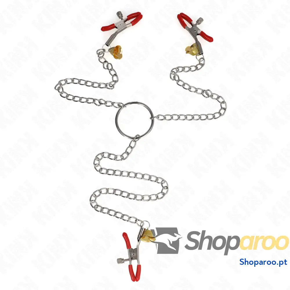 KINK - BELL TRIPLE NIPPLE AND CLIT CAMPS VERMELHO COM CORRENTE 30 CM
