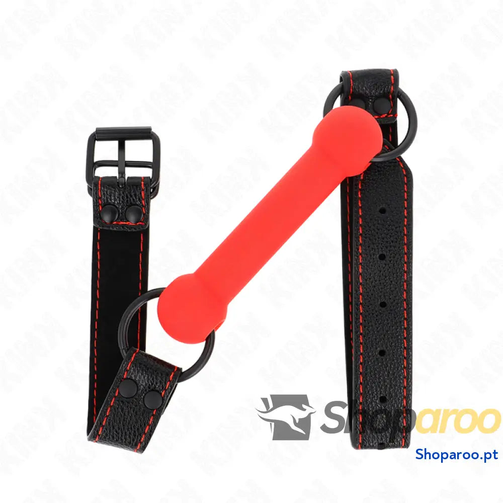 KINK - MORDAÇA DE OSSO COM ALÇA DE COURO VERMELHA AJUSTÁVEL 41-57 CM
