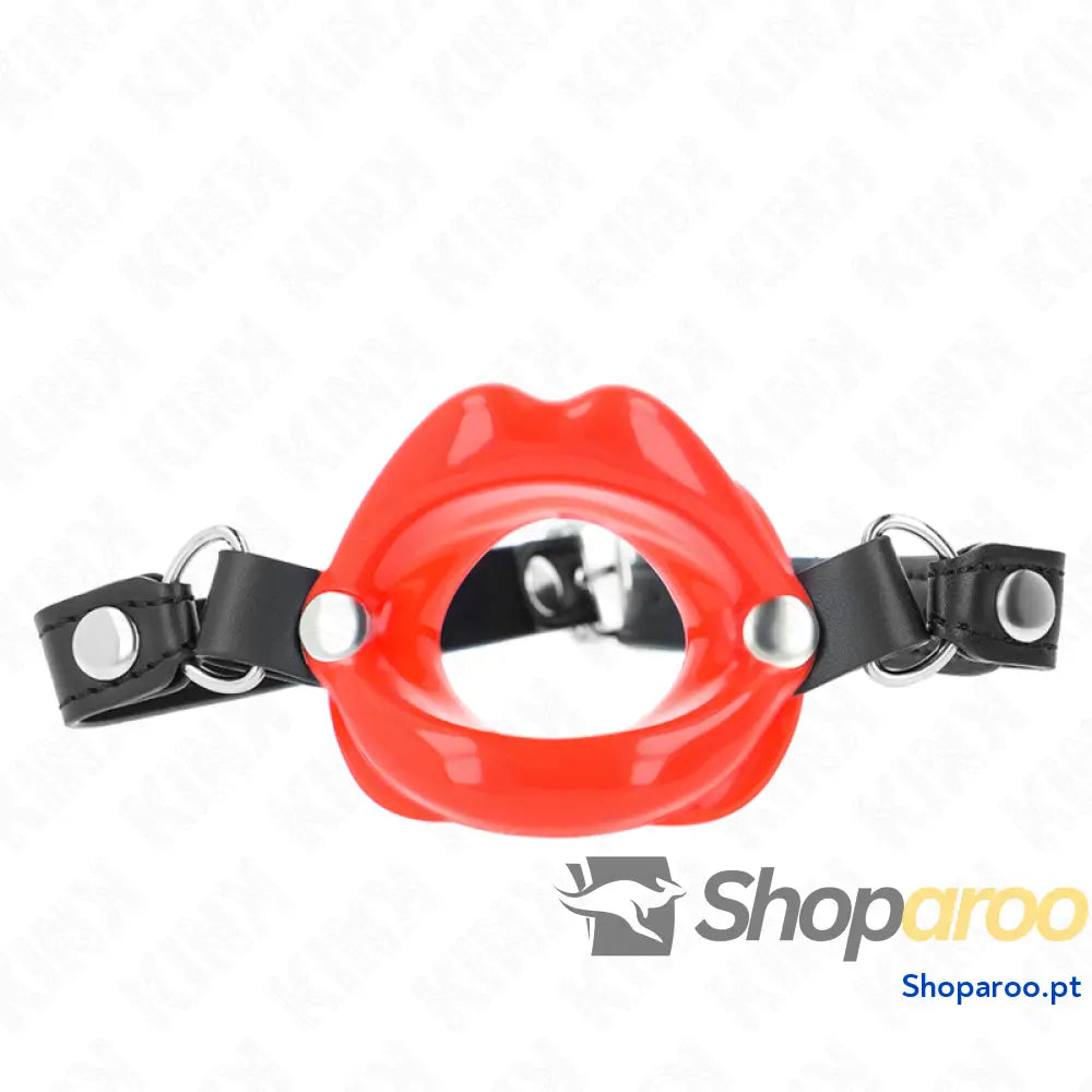 KINK - MORDAÇA LIP 8 CM COM ALÇA DE COURO VERMELHA 63 x 2 CM AJUSTÁVEL 39-58 CM