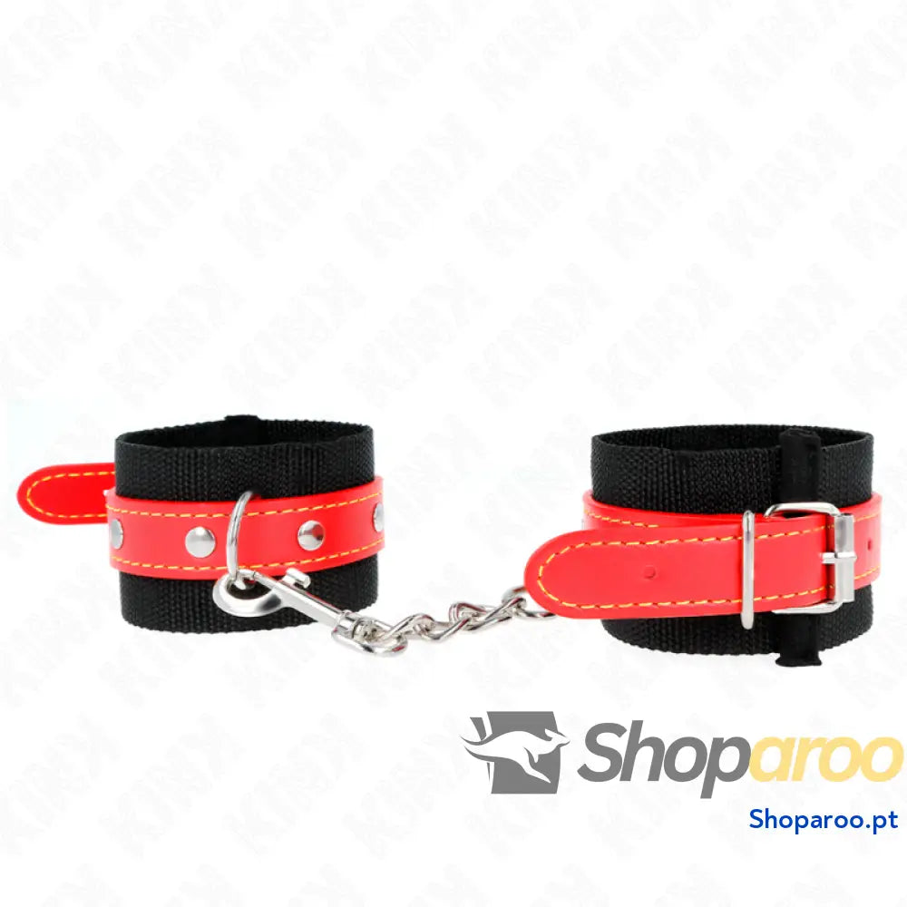 KINK - PUNHOS DE NYLON PRETO COM COURO VERMELHO AJUSTÁVEIS 19-24 CM X 5,5 CM