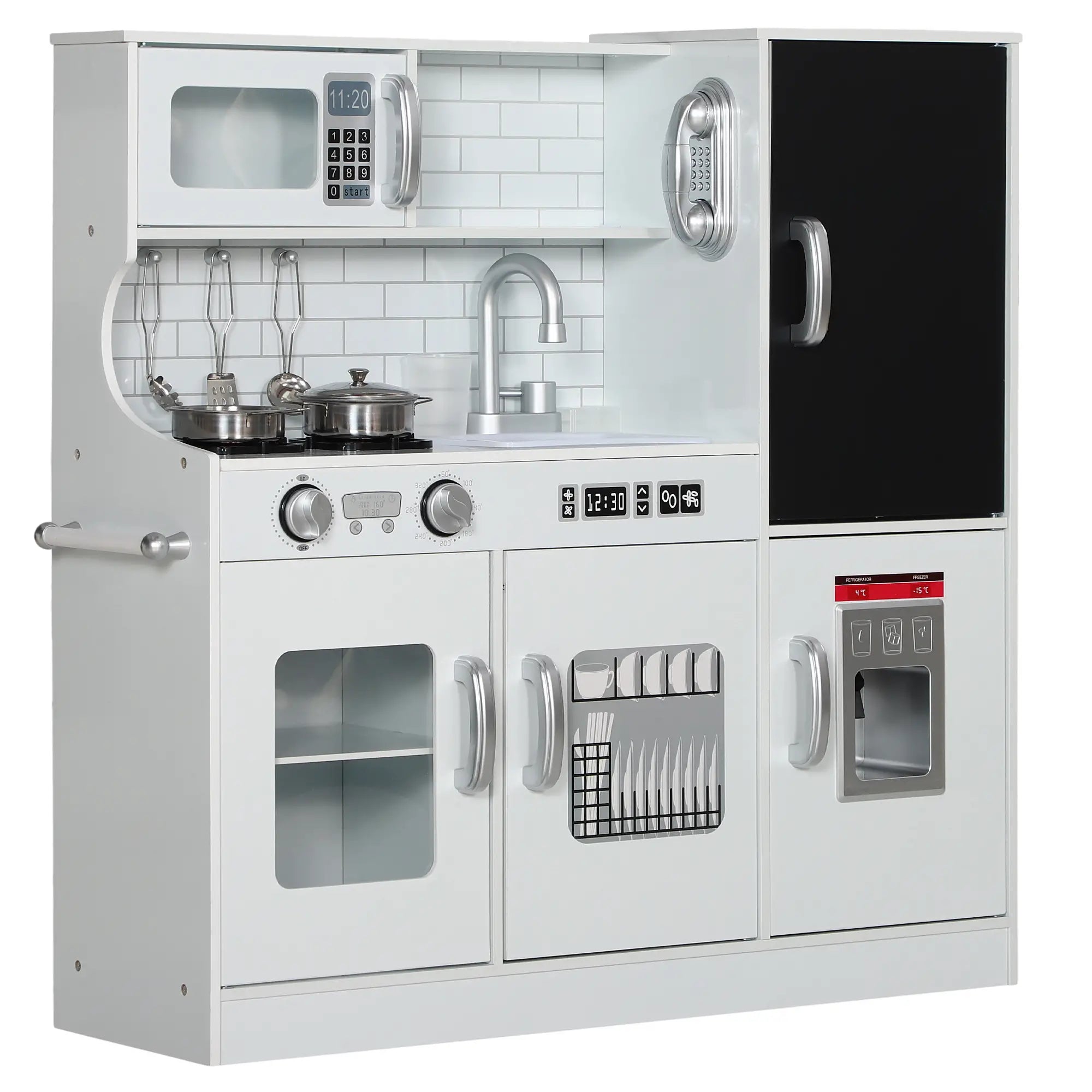 Cozinha de Brincar para Crianças acima de 3 anos Cozinha Infantil de Madeira com Acessórios Máquina de Gelo Ardósia e Telefone 83,8x26,8x81 cm Rosa