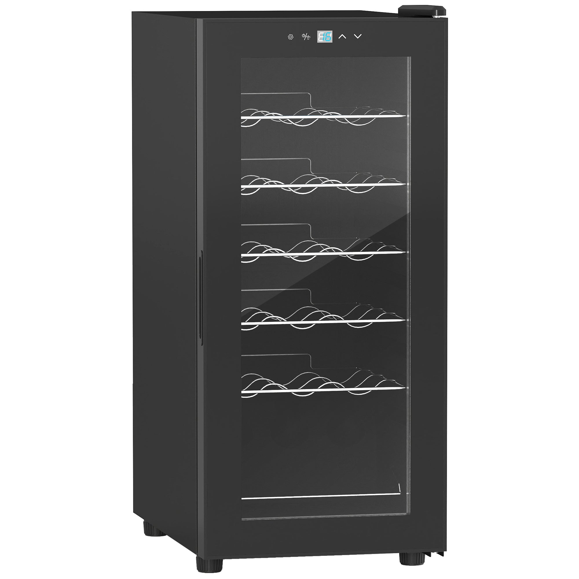 Cave de Vinho 18 Garrafas com Luz LED Ecrã Tátil Digital Controlo de Temperatura Porta de Vidro e 5 Prateleiras Preto