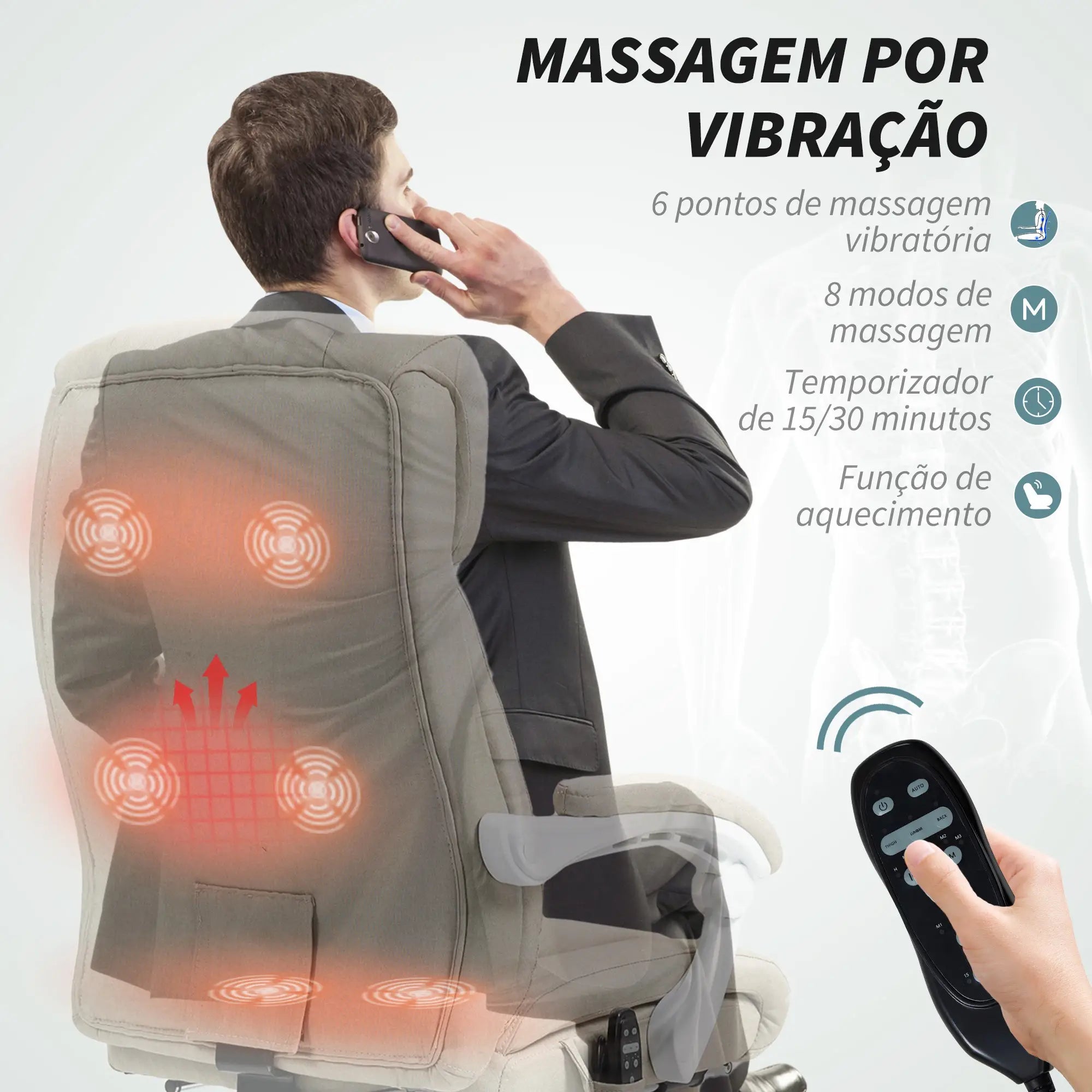Cadeira de Escritório com Massagem Reclinável Aquecimento Apoio para Pés e Controlo Remoto 66x70x112-120 cm Bege