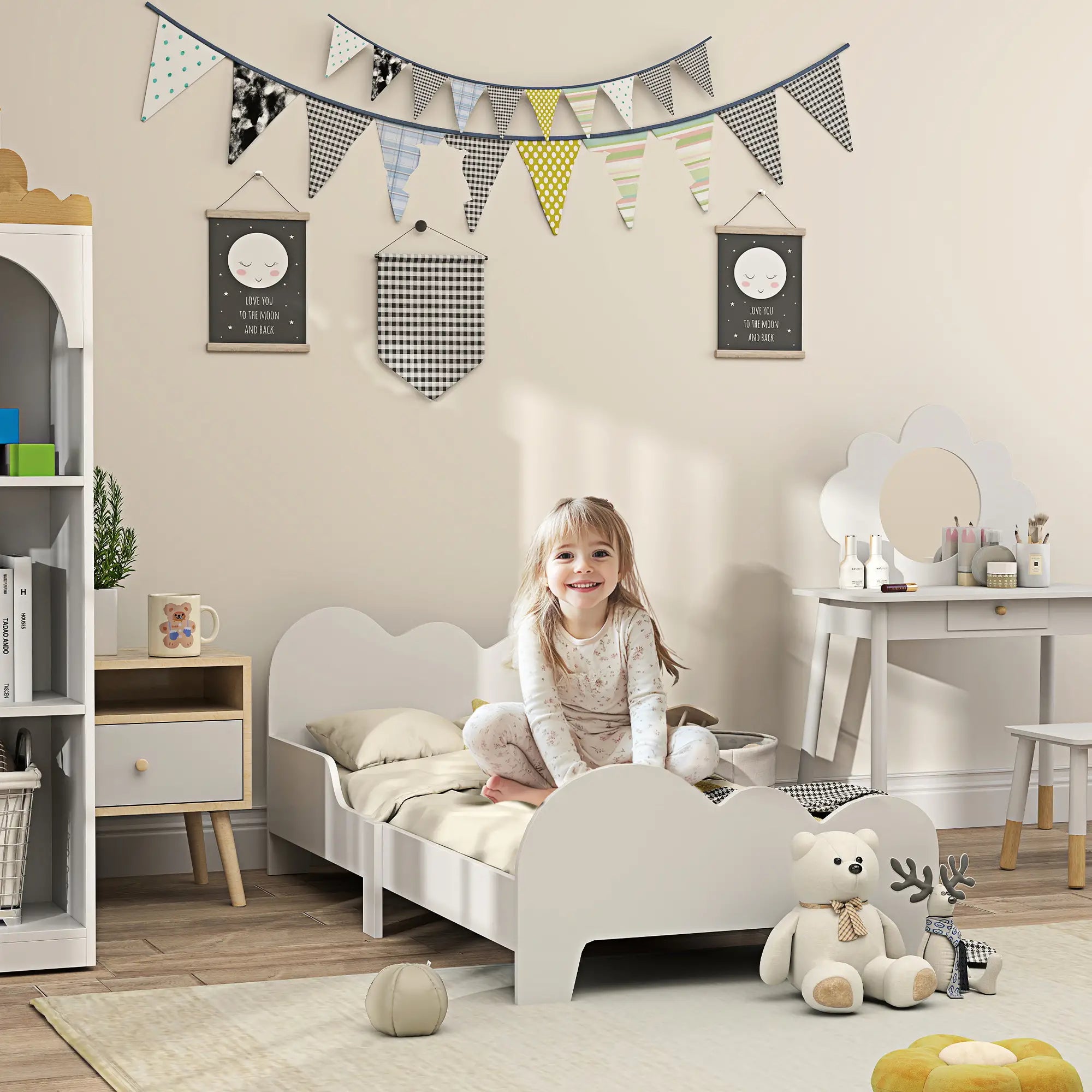 Cama para Crianças 143,5x74,5x56 cm Estrutura de Cama Infantil com Desenho de Núvem e Barreira de Segurança Branco