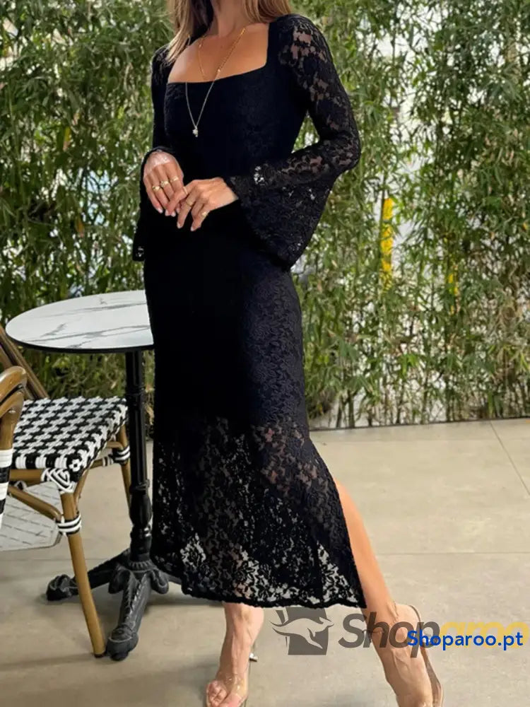 Lace Bell Sleeve Square Neck Bodycon Dress