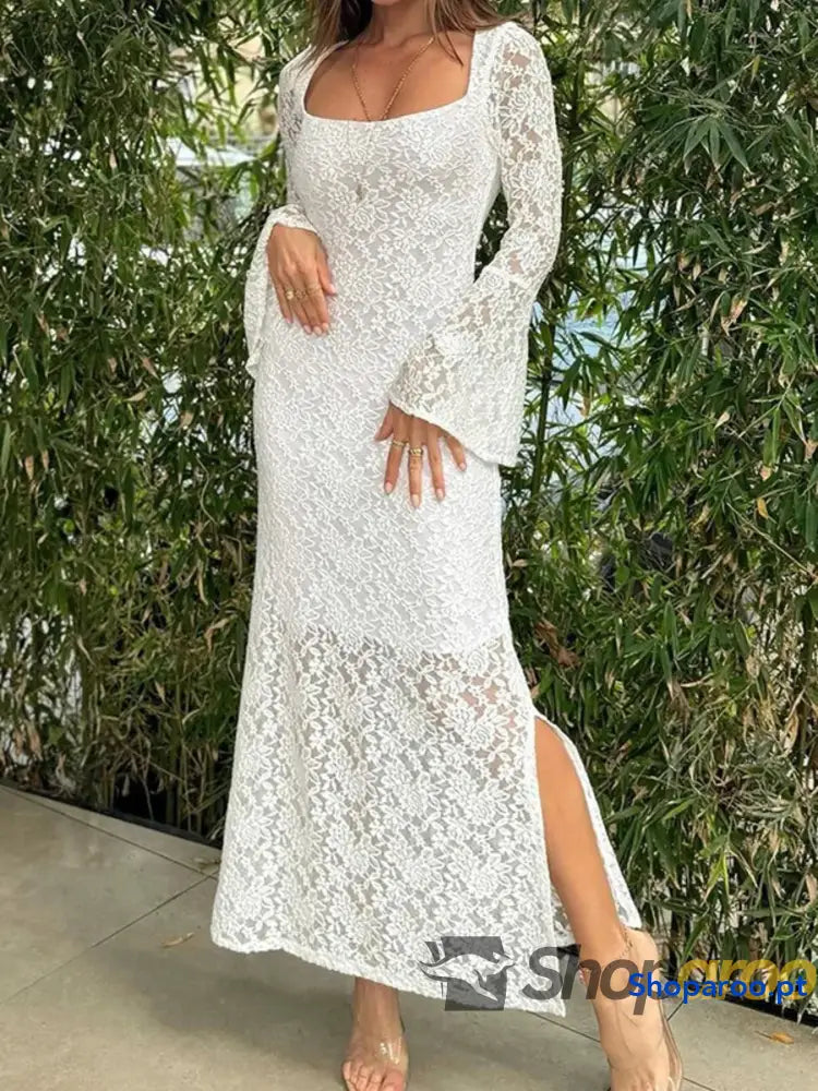 Lace Bell Sleeve Square Neck Bodycon Dress