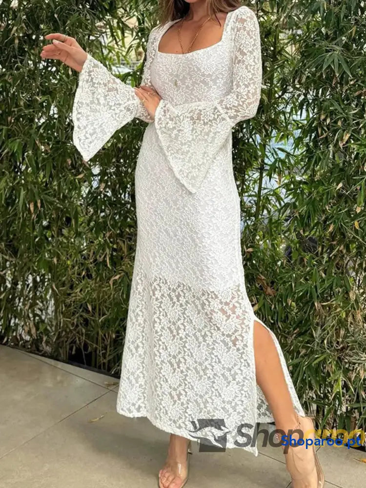 Lace Bell Sleeve Square Neck Bodycon Dress