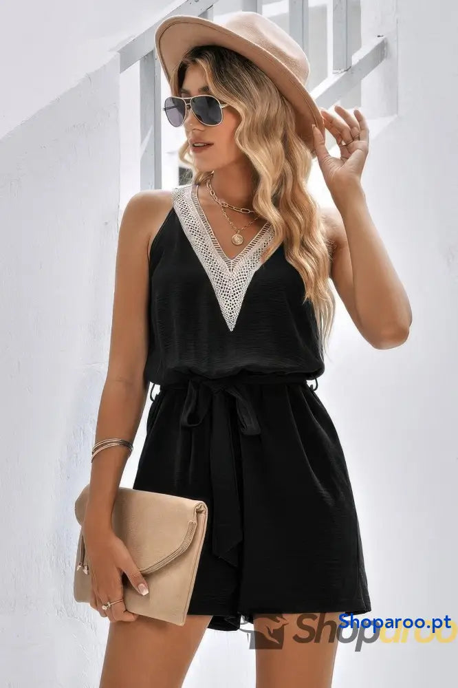 Lace Trim V Neck Sleeveless Tank Romper
