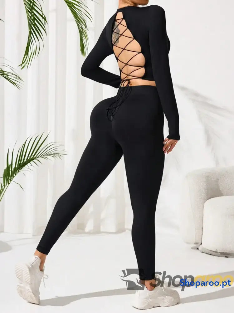 Lace-Up Back Round Neck Top and Leggings Active Set
