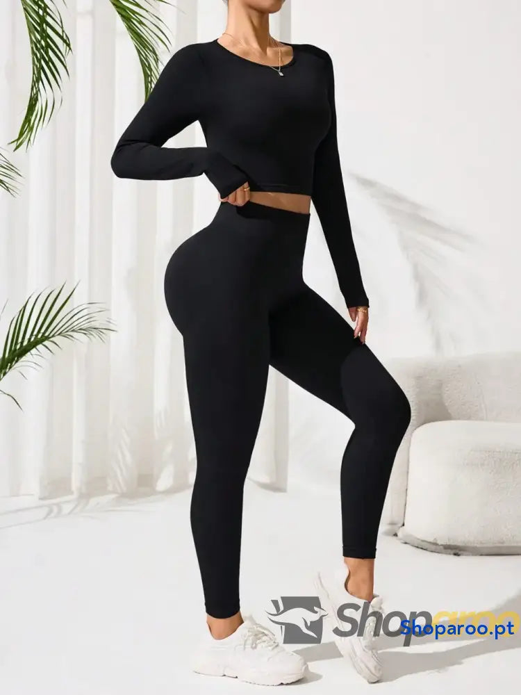 Lace-Up Back Round Neck Top and Leggings Active Set